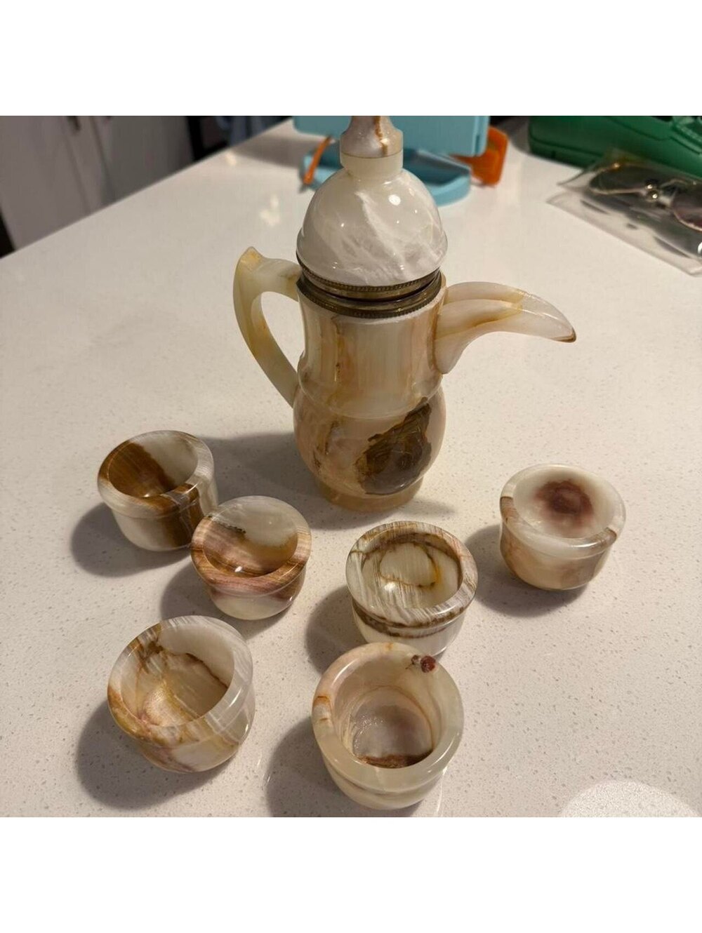 Vintage Onyx Stone Tea Set with Six Cups and Teapot